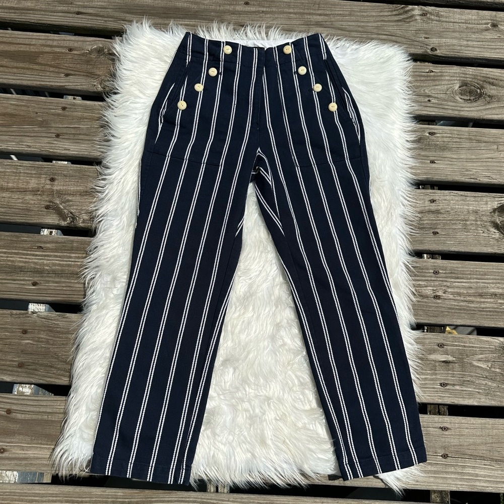 J Crew Sailor Dress Pants Navy Blue White Striped Button Size 0
